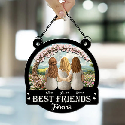 Personalized Wood and Acrylic Layered Ornament Best Friends Forever, Back View Hugging Friends in Wildflower Meadow, Unique Gift