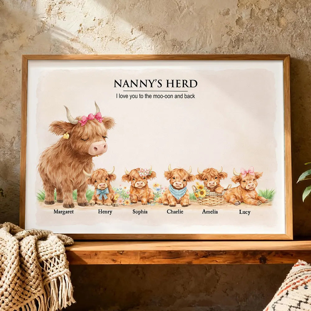 Personalized Highland Cow Family Poster, Nanny & Grandad's Herd Wall Art, Sweet Farm Nursery Decor, Unique Gift for Grandma & Grandpa