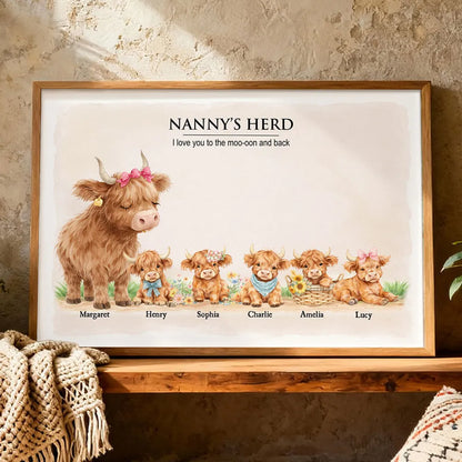 Personalized Highland Cow Family Poster, Nanny & Grandad's Herd Wall Art, Sweet Farm Nursery Decor, Unique Gift for Grandma & Grandpa