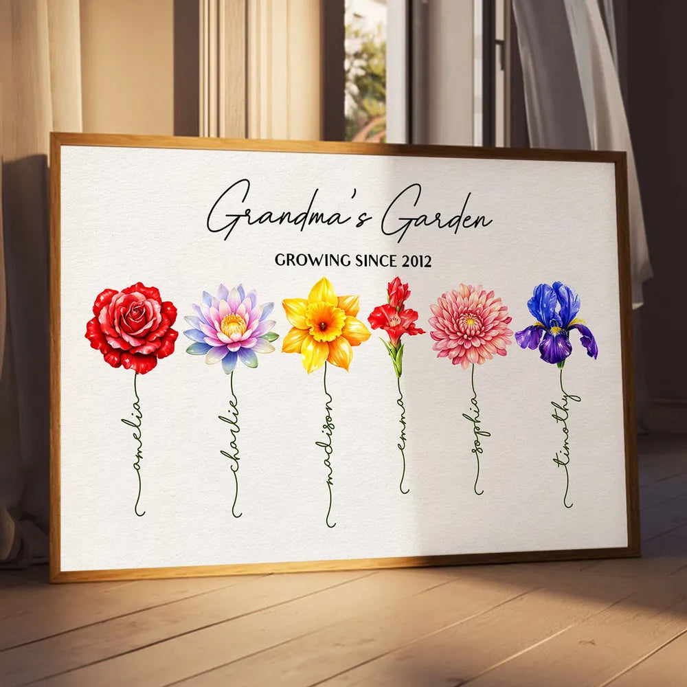 Personalized Grandma's Garden Birth Month Flower Poster, Vibrant Wall Art Keepsake, Unique Gift for Grandma