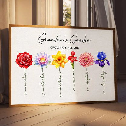 Personalized Grandma's Garden Birth Month Flower Poster, Vibrant Wall Art Keepsake, Unique Gift for Grandma