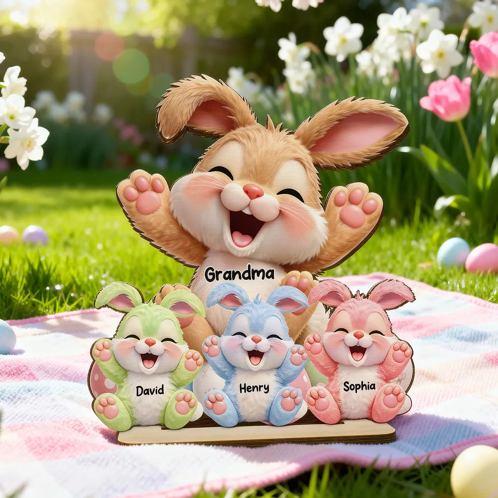 Personalized 2-Layer Wooden Plaque with Grandma Bunny and Little Bunnies Easter Table Decor, Unique Gift for Grandma