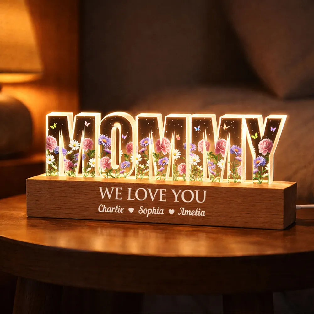 Personalized Block LED Light Plaque for Grandma with Floral Letters and Warm Glow, Unique Custom Gift for Family Love
