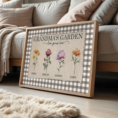 Personalized Grandma's Garden Birth Month Flowers Poster, Gingham Wall Art, Unique Gift for Grandma or Mom