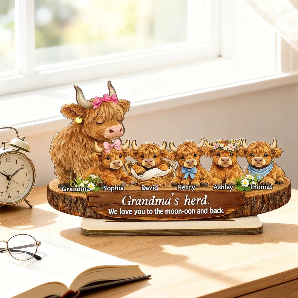 Personalized 2-Layer Wooden Plaque Highland Cow Family, Grandma & Grandpa's Herd, Unique Gift for Grandparents
