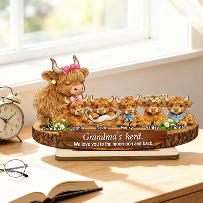 Personalized 2-Layer Wooden Plaque Highland Cow Family, Grandma & Grandpa's Herd, Unique Gift for Grandparents