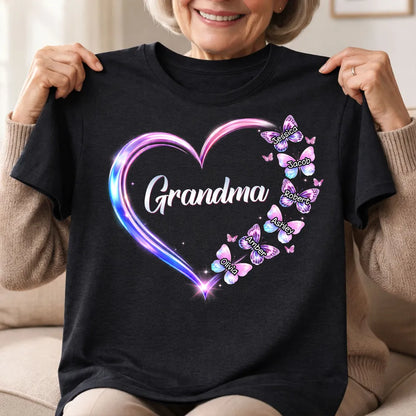Personalized Grandma Butterfly Heart Classic Tee, Custom Keepsake Gift for Grandma, Glowing Neon Style Love Design