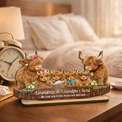 Personalized 2-Layer Wooden Plaque Highland Cow Family, Grandma & Grandpa's Herd, Unique Gift for Grandparents