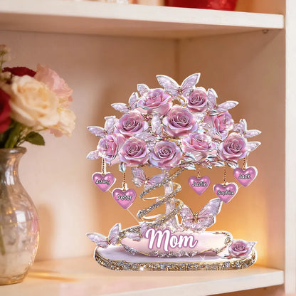 Personalized Heart Rose Tree Shaped Acrylic Block Plaque for Mom, Sparkly Butterfly Shelf Decor, Unique Gift