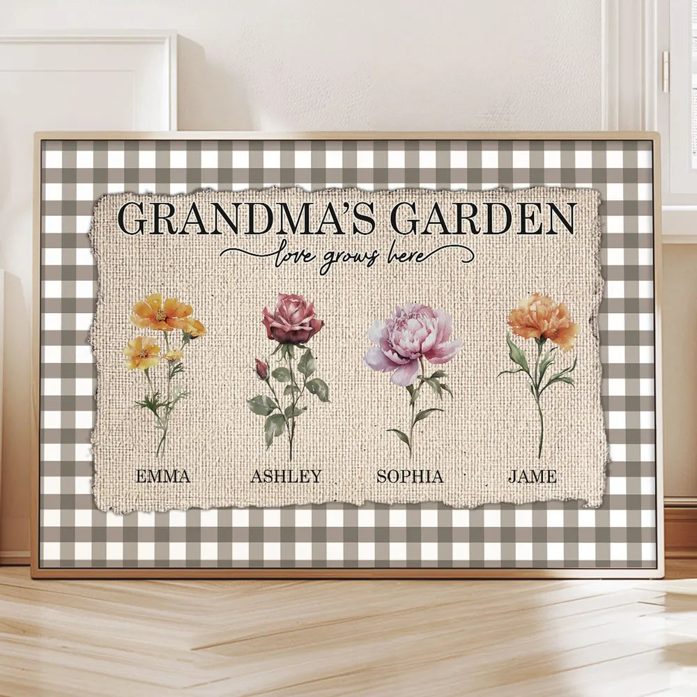 Personalized Grandma's Garden Birth Month Flowers Poster, Gingham Wall Art, Unique Gift for Grandma or Mom