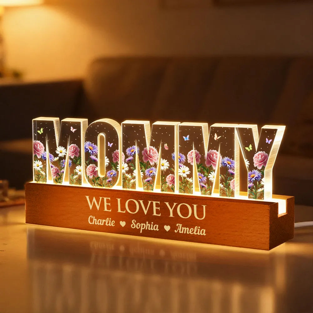 Personalized Block LED Light Plaque for Grandma with Floral Letters and Warm Glow, Unique Custom Gift for Family Love