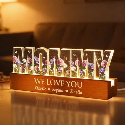 Personalized Block LED Light Plaque for Grandma with Floral Letters and Warm Glow, Unique Custom Gift for Family Love