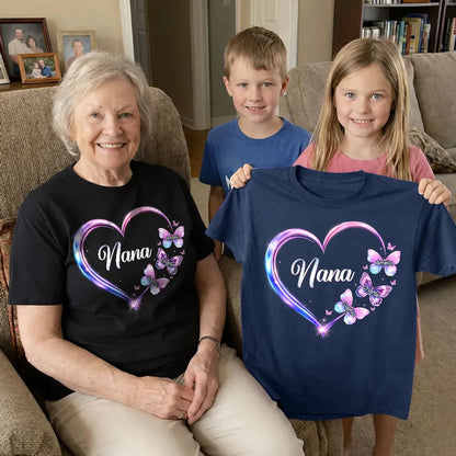 Personalized Grandma Butterfly Heart Classic Tee, Custom Keepsake Gift for Grandma, Glowing Neon Style Love Design