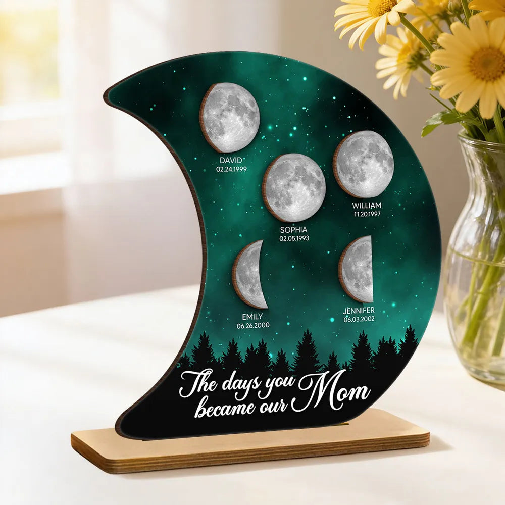 Personalized 2-Layer Wooden Plaque Moon Phase Galaxy Night for Mom The Days You Became Our Mom Unique Gift