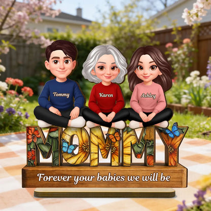 Personalized 2-Layer Wooden Plaque Mom Sign With Butterfly Art, Cute Cartoon Women Sitting, Unique Mother's Day Gift