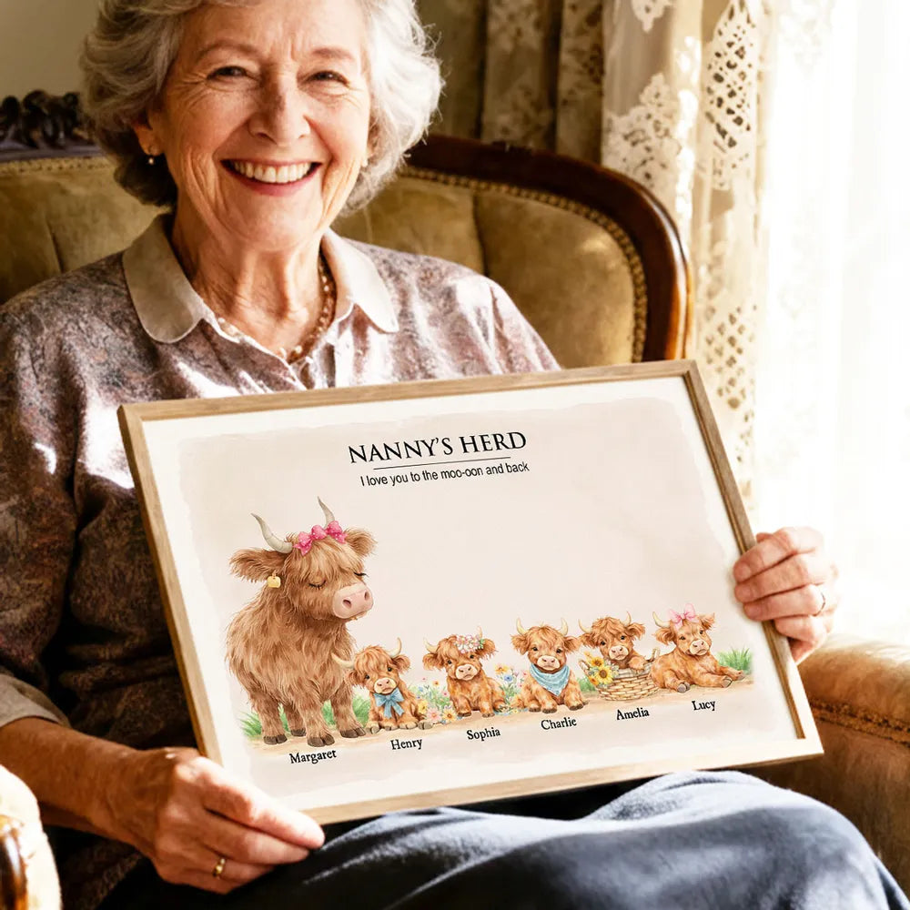 Personalized Highland Cow Family Poster, Nanny & Grandad's Herd Wall Art, Sweet Farm Nursery Decor, Unique Gift for Grandma & Grandpa