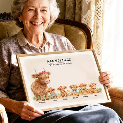 Personalized Highland Cow Family Poster, Nanny & Grandad's Herd Wall Art, Sweet Farm Nursery Decor, Unique Gift for Grandma & Grandpa