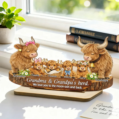 Personalized 2-Layer Wooden Plaque Highland Cow Family, Grandma & Grandpa's Herd, Unique Gift for Grandparents