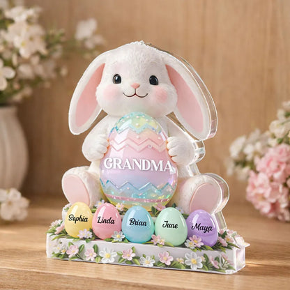 Personalized Shaped Acrylic Block Plaque Cute Bunny Holding Easter Egg for Grandma Spring Shelf Decor Unique Gift