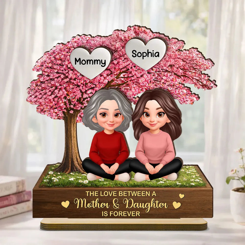 Personalized 2-Layer Wooden Plaque Mother & Daughter Under Pink Blossom Tree, Heartfelt Unique Gift for Mom