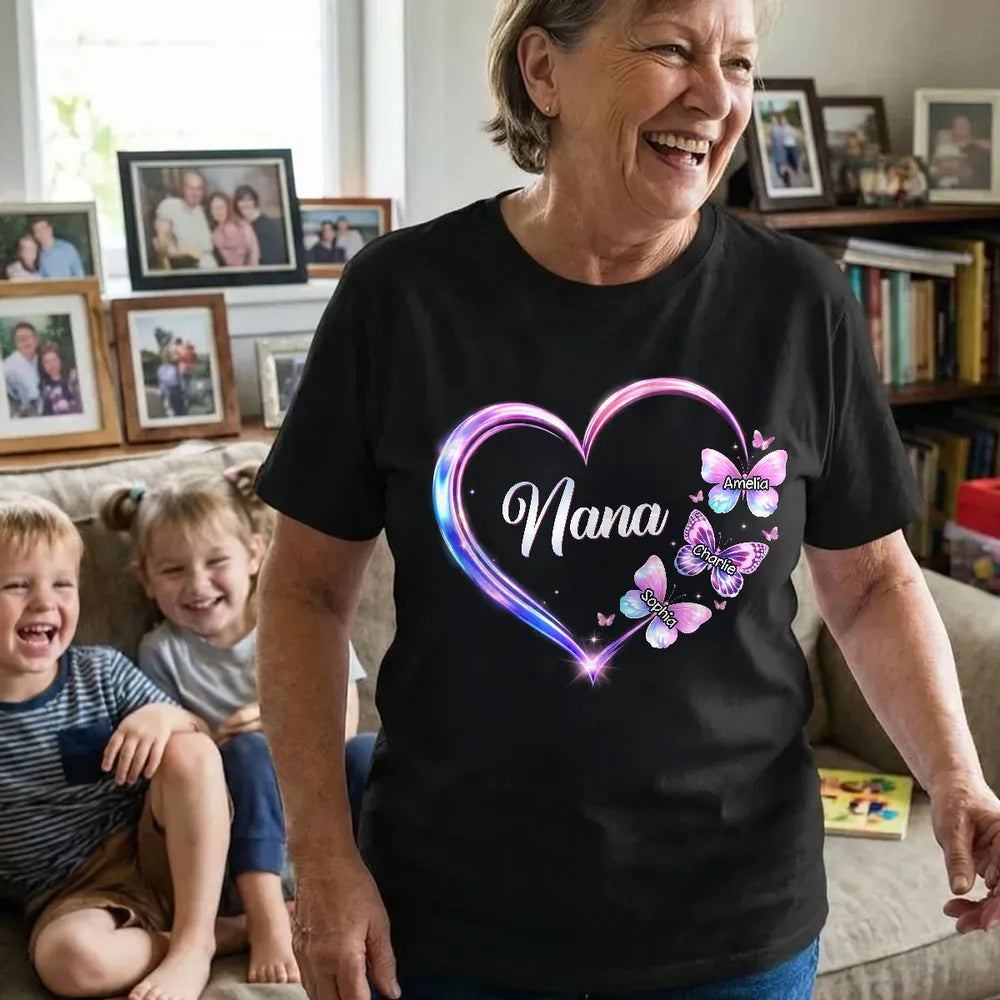 Personalized Grandma Butterfly Heart Classic Tee, Custom Keepsake Gift for Grandma, Glowing Neon Style Love Design