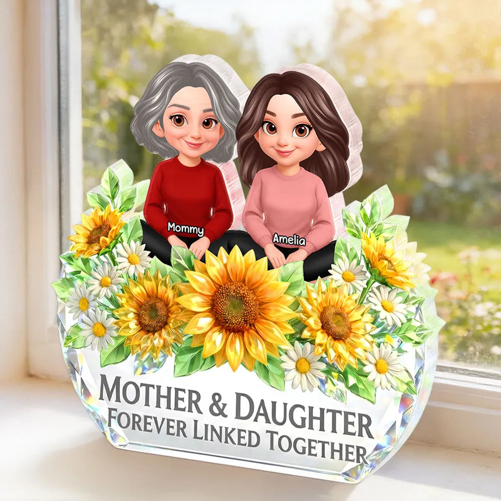 Personalized Shaped Acrylic Block Plaque, Mother & Daughter Forever Linked Together Sunflower Decor, Unique Gift for Mom