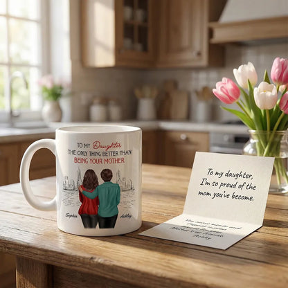 Personalized White Ceramic Mug for Daughter, Parents Watching You Be A Mom Design, Unique Mother's Day Gift