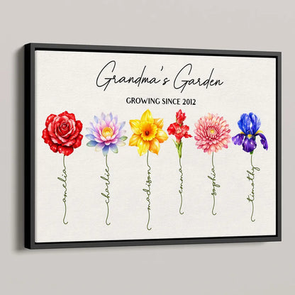 Personalized Grandma's Garden Birth Month Flower Poster, Vibrant Wall Art Keepsake, Unique Gift for Grandma