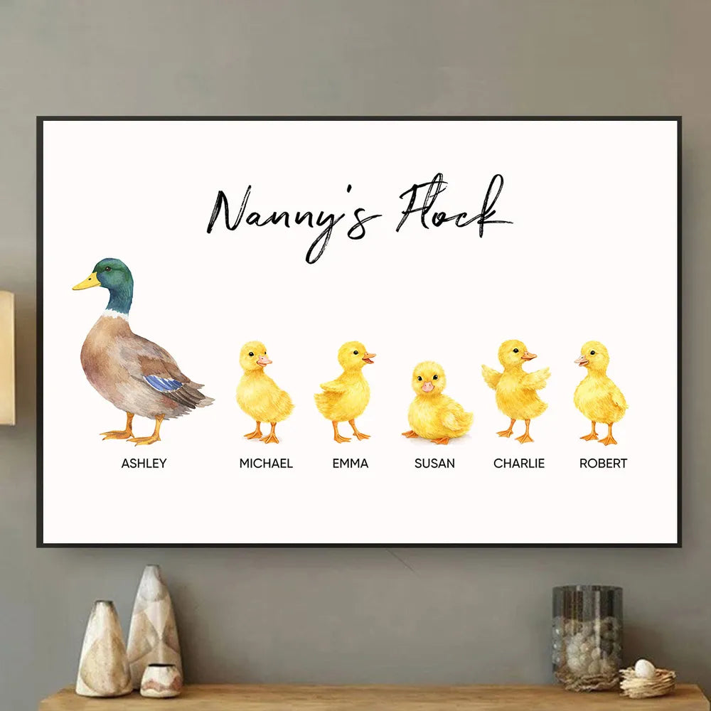 Personalized Grandma Poster, Watercolor Duck and Ducklings Nursery Wall Art, Sweet Gift for Nanny's Home Decor