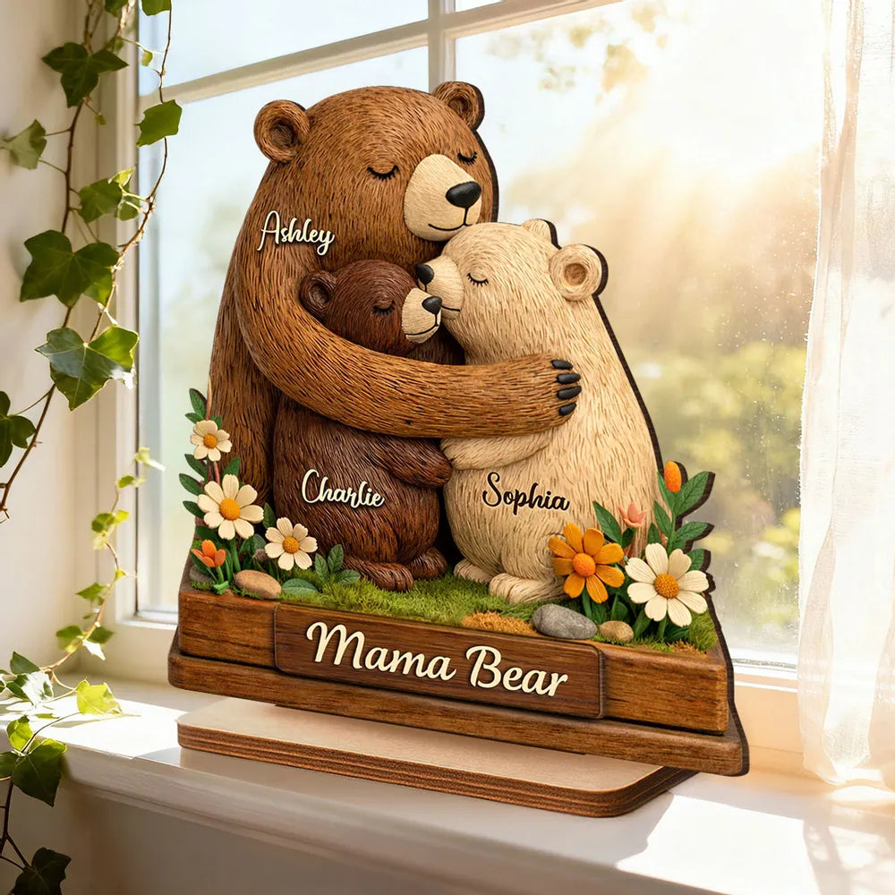 Personalized 2-Layer Wooden Plaque Mama Bear Hugging Cubs, Sweet Floral Family Keepsake, Unique Gift for Mom or Grandma