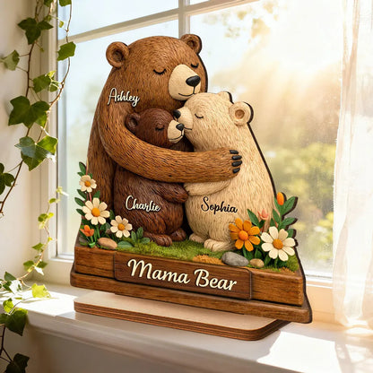 Personalized 2-Layer Wooden Plaque Mama Bear Hugging Cubs, Sweet Floral Family Keepsake, Unique Gift for Mom or Grandma
