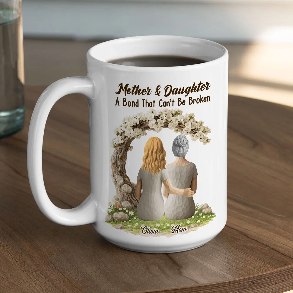 Personalized Mother & Daughter White Ceramic Mug with Back View Hug Under Blossom Tree, Unique Mother's Day Gift