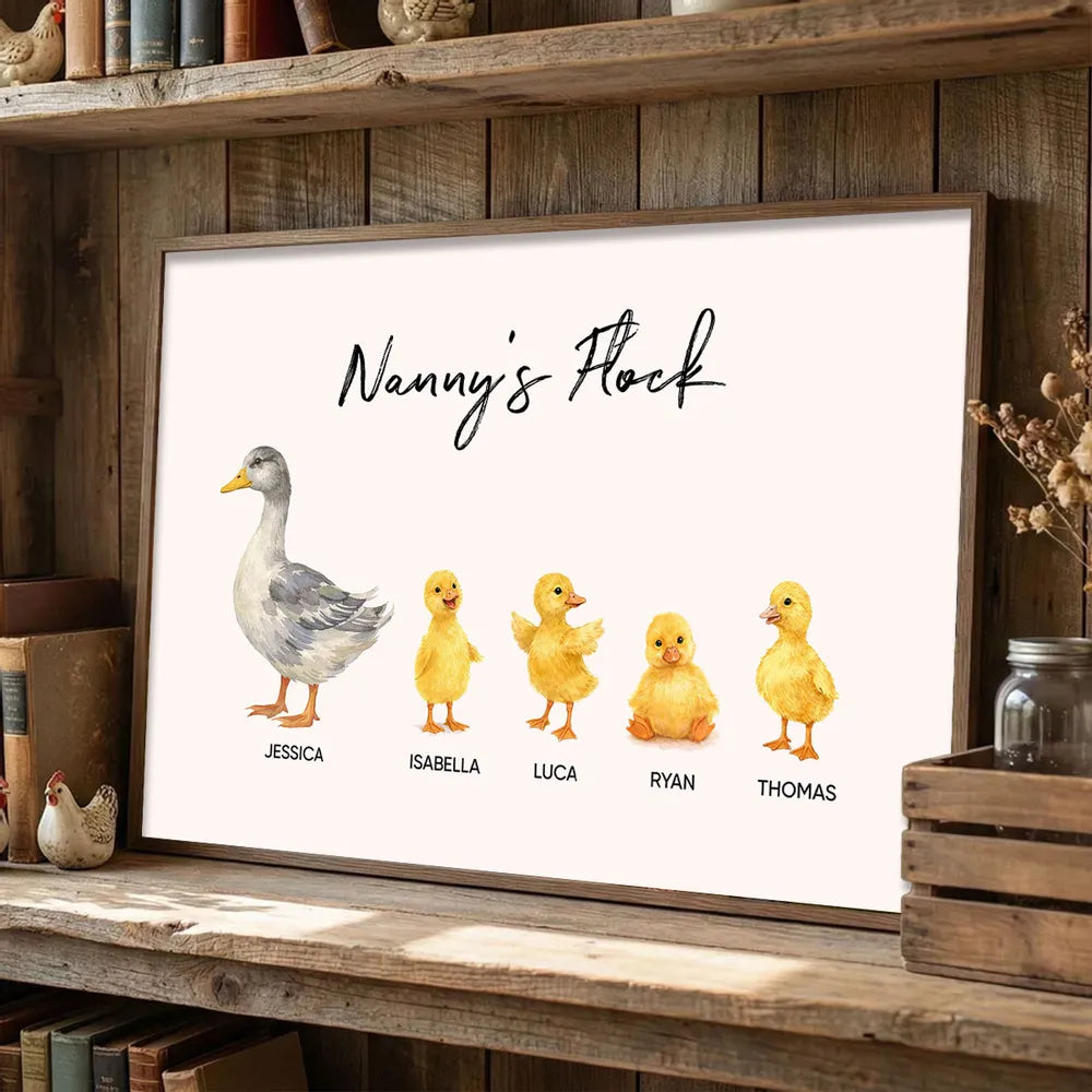 Personalized Grandma Poster, Watercolor Duck and Ducklings Nursery Wall Art, Sweet Gift for Nanny's Home Decor