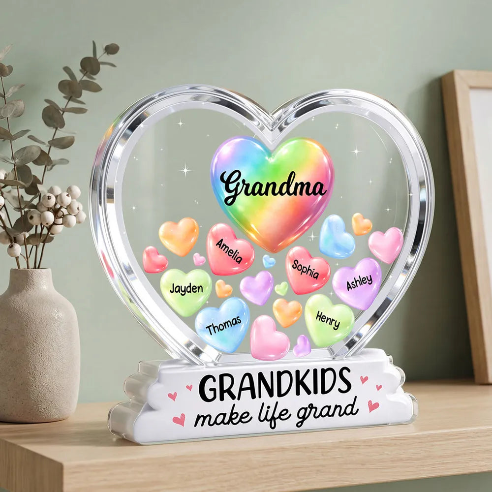 Personalized Shaped Acrylic Block Plaque for Grandma, Colorful Heart Grandkids Design, Sweet Shelf Decor, Unique Gift