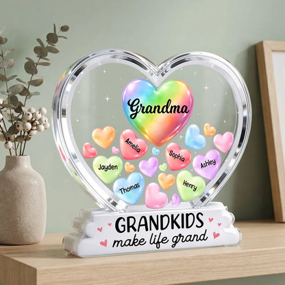 Personalized Shaped Acrylic Block Plaque for Grandma, Colorful Heart Grandkids Design, Sweet Shelf Decor, Unique Gift