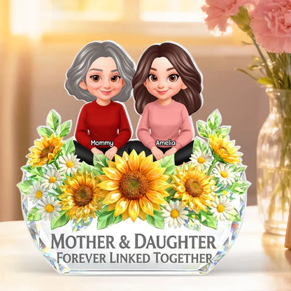 Personalized Shaped Acrylic Block Plaque, Mother & Daughter Forever Linked Together Sunflower Decor, Unique Gift for Mom