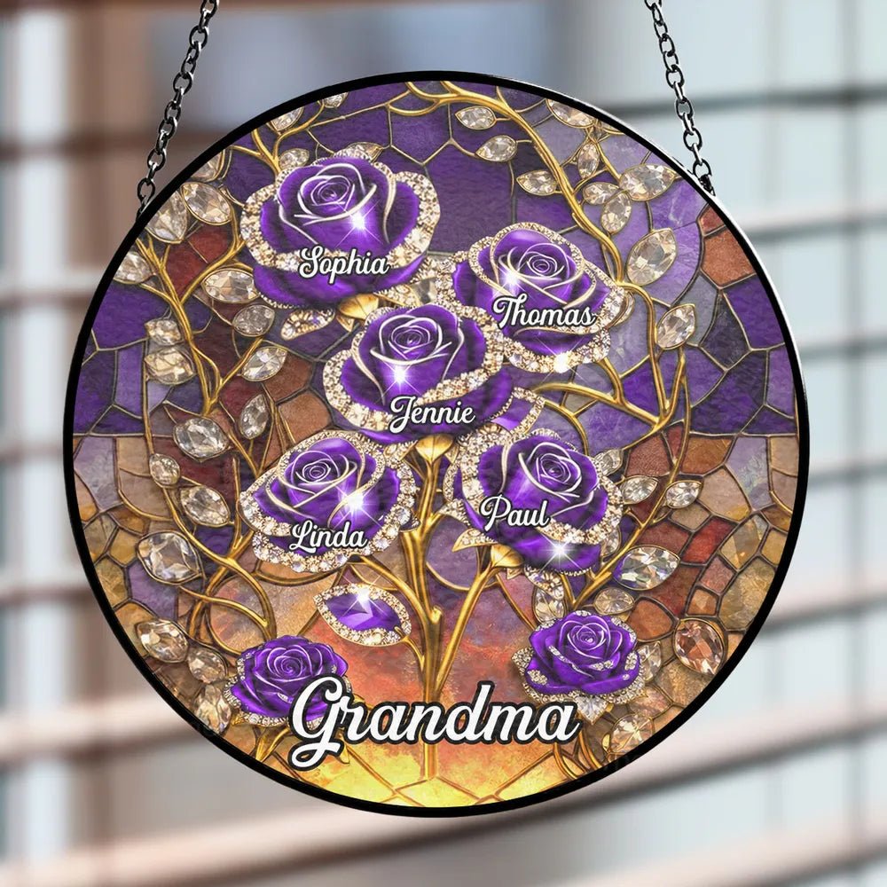 Personalized Glass Suncatcher Ornament with Purple Roses for Grandma, Stained Glass Style Window Display, Unique Keepsake Gift