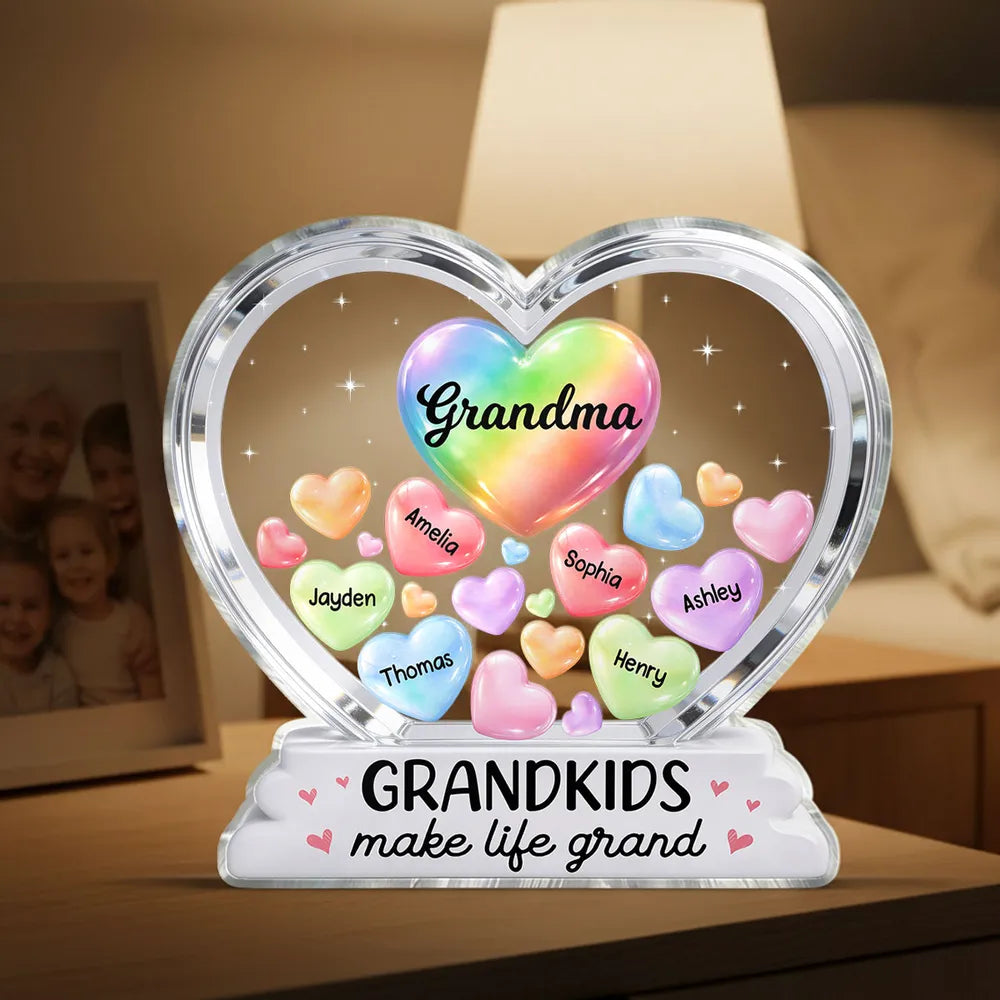 Personalized Shaped Acrylic Block Plaque for Grandma, Colorful Heart Grandkids Design, Sweet Shelf Decor, Unique Gift