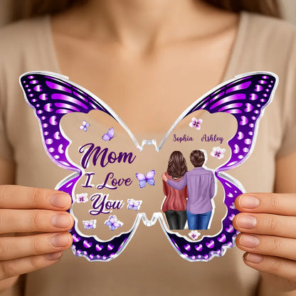 Personalized Butterfly Shaped Acrylic Block Plaque, Mom I Love You Gift, Hugging Mom & Daughter Keepsake for Shelf Decor