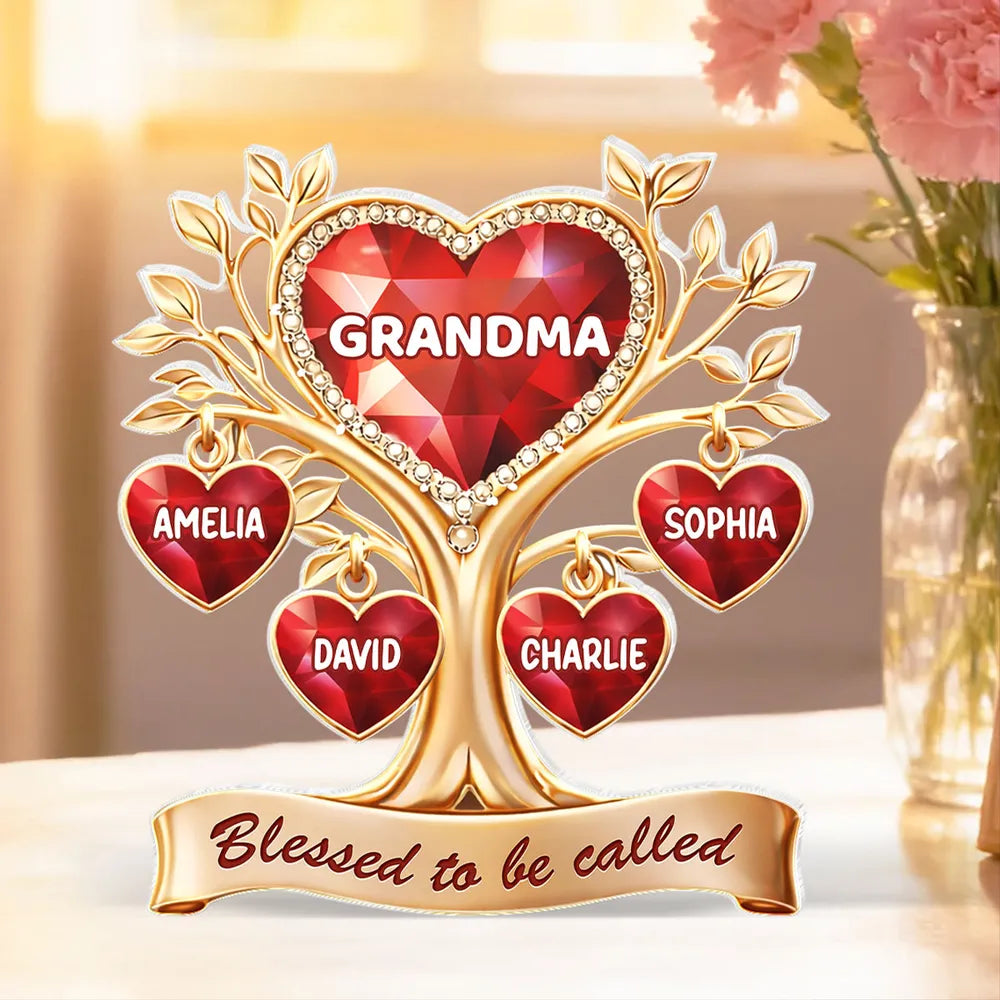 Personalized Shaped Acrylic Block Plaque Heart Family Tree for Grandma, 'Blessed to be called' Keepsake, Unique Gift