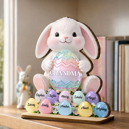 2-Layer Wooden Plaque Personalized for Grandma - Cute Bunny with Pastel Eggs Easter Decor, Heartwarming Custom Gift