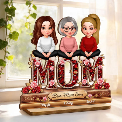 Personalized 2-Layer Wooden Plaque Mom with Daughters Sitting on MOM Roses Best Mom Ever Unique Gift for Mom or Grandma
