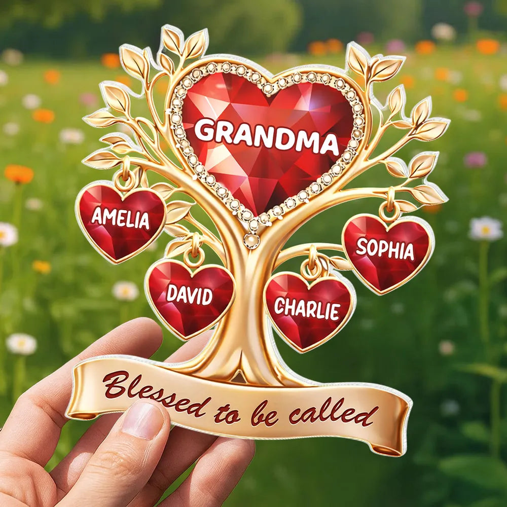 Personalized Shaped Acrylic Block Plaque Heart Family Tree for Grandma, 'Blessed to be called' Keepsake, Unique Gift