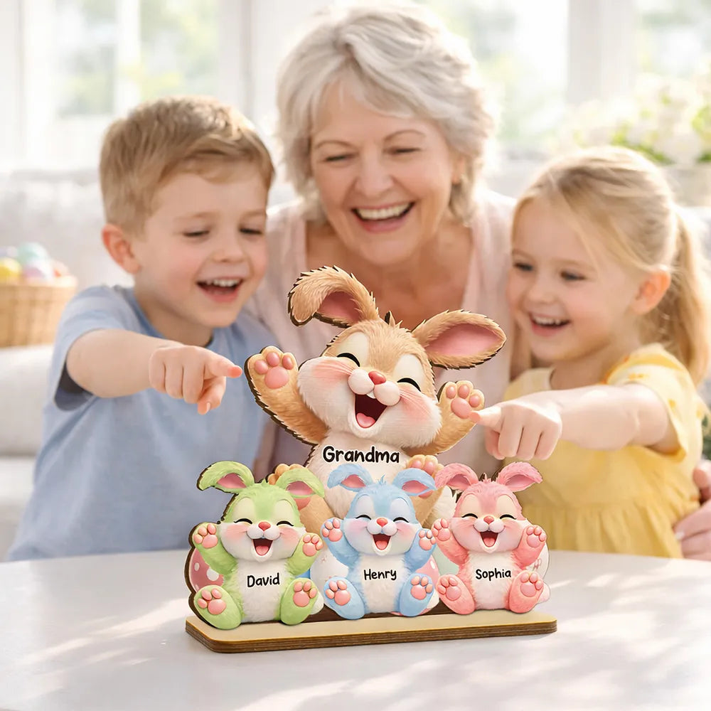 Personalized 2-Layer Wooden Plaque with Grandma Bunny and Little Bunnies Easter Table Decor, Unique Gift for Grandma