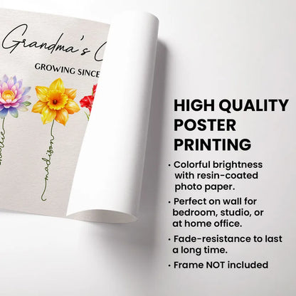 Personalized Grandma's Garden Birth Month Flower Poster, Vibrant Wall Art Keepsake, Unique Gift for Grandma