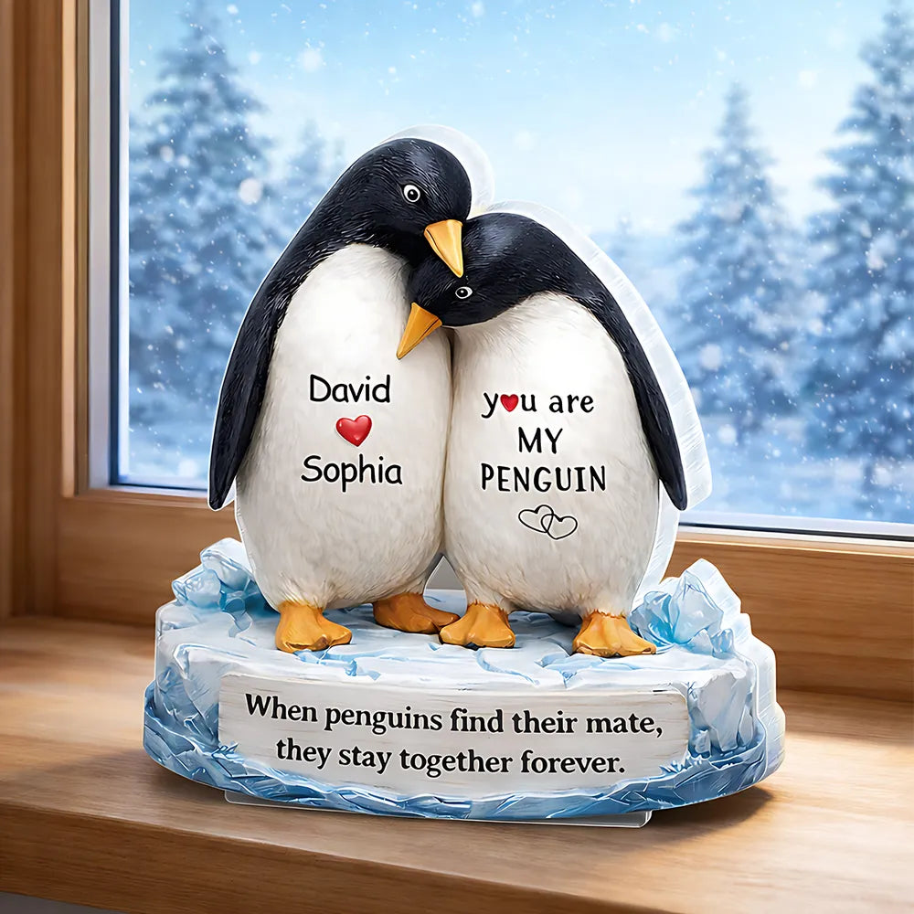 You Are My Penguin 2-Layer Wooden Plaque, Custom Names Couple Keepsake for Bedroom or Living Room, Sweet Gift for Couples