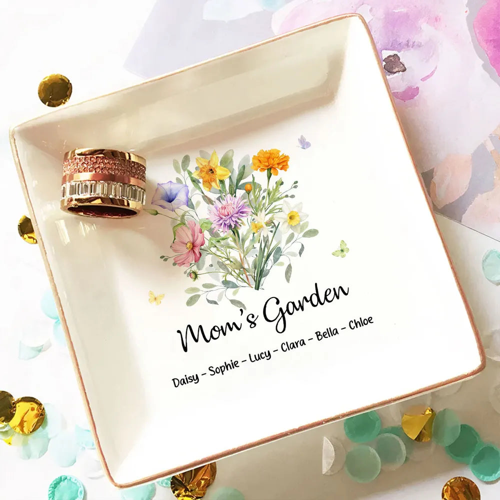 Mom's Garden Jewelry Dish, Personalized Floral Ring Holder for Daily Jewelry Storage, Thoughtful Gift for Mom