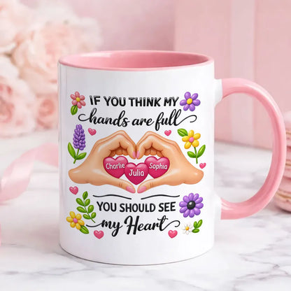 Personalized Ceramic Mug Heart Hands Quote Floral Design, Unique Gift for Mom, Sweet Daily Coffee Reminder
