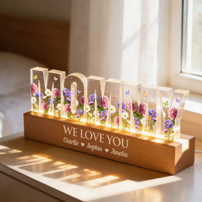 Personalized Block LED Light Plaque for Grandma with Floral Letters and Warm Glow, Unique Custom Gift for Family Love
