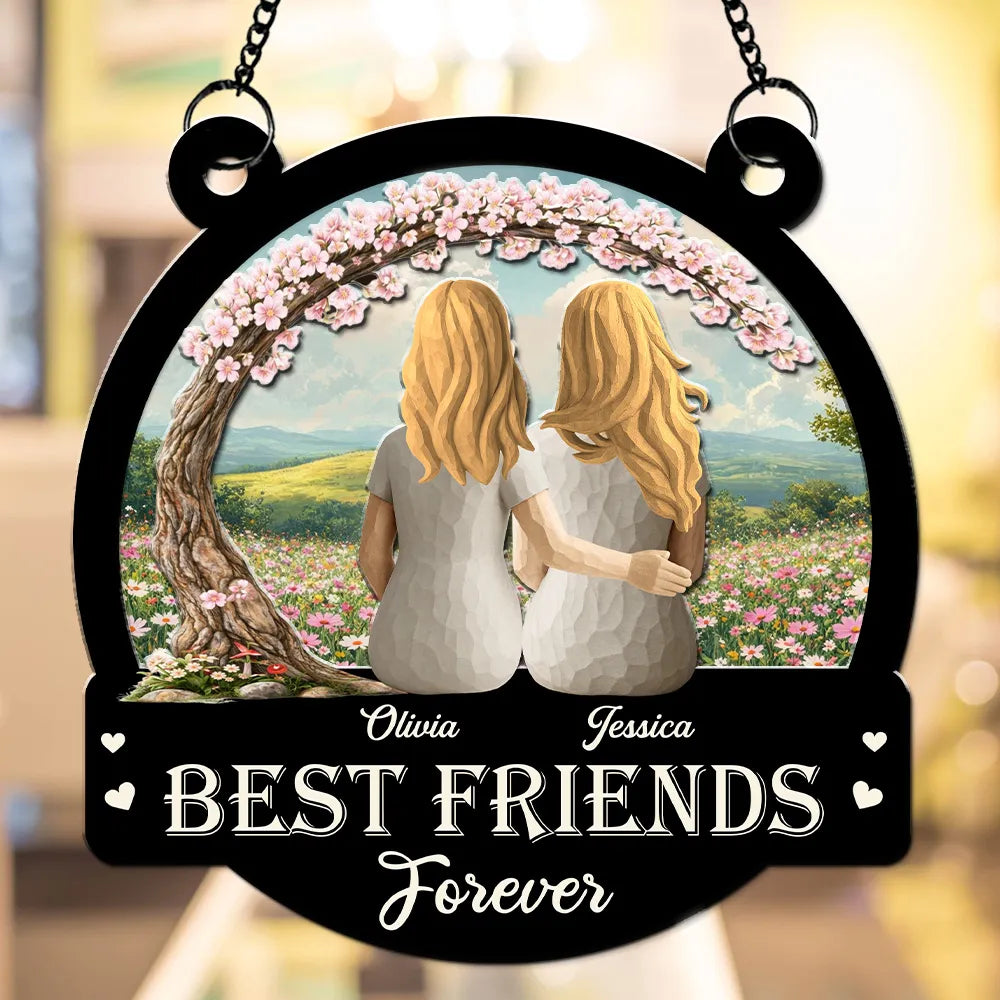 Personalized Wood and Acrylic Layered Ornament Best Friends Forever, Back View Hugging Friends in Wildflower Meadow, Unique Gift